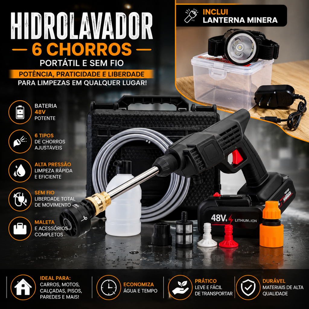 🚿 Hidrolavador 6 Chorros + Linterna Minera