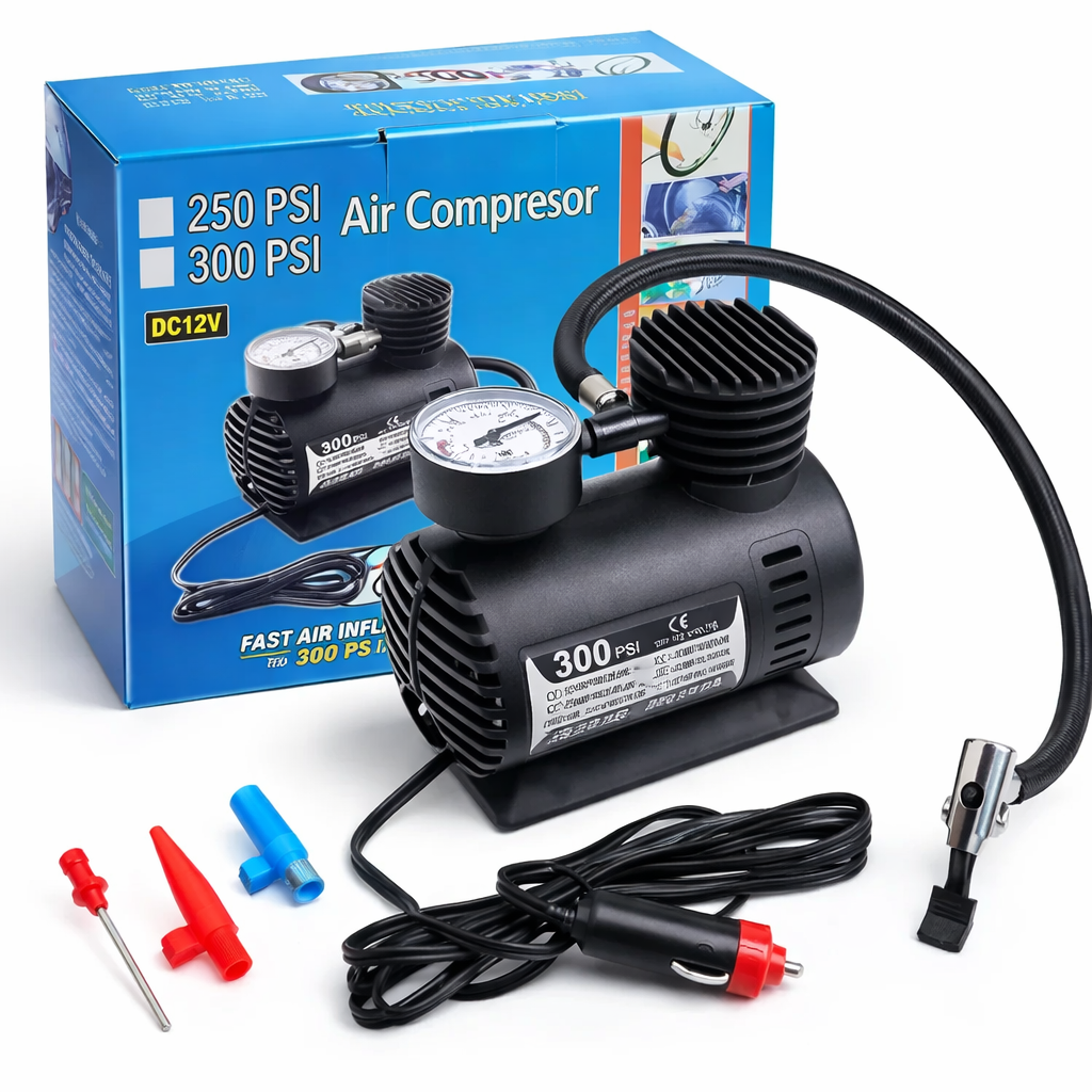 Compresor de Aire Portátil 12V – Inflado Rápido y Preciso 300 PSI